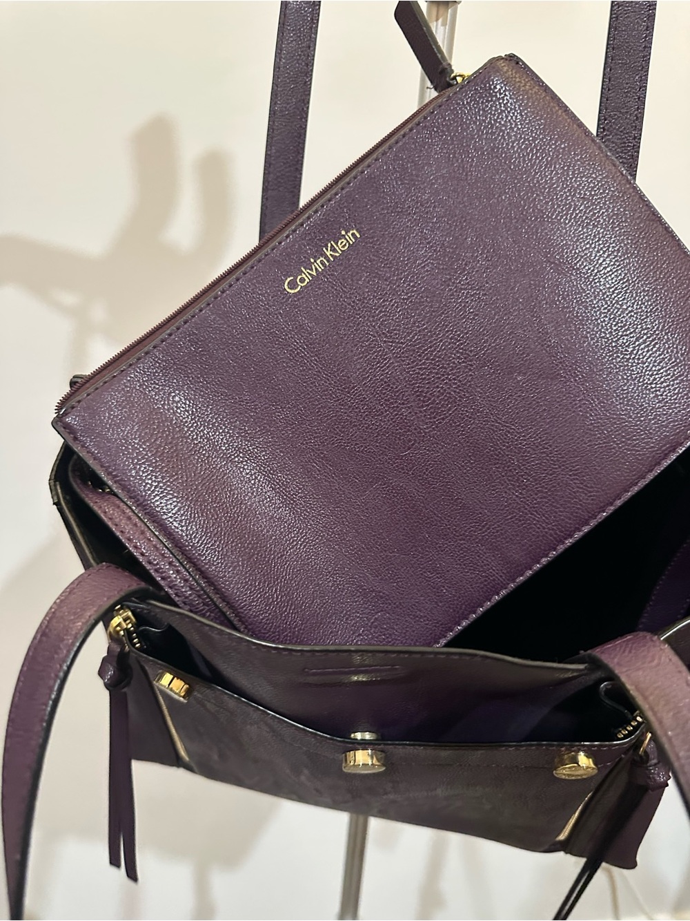 Calvin Klein Deep Purple Leather Tote with Gold Accents - Picture 9 of 15